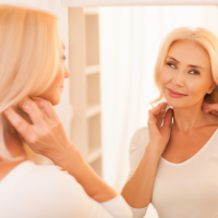 attractive middle aged woman inspecting her skin in mirror