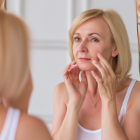 attractive middle aged woman inspecting her skin in mirror